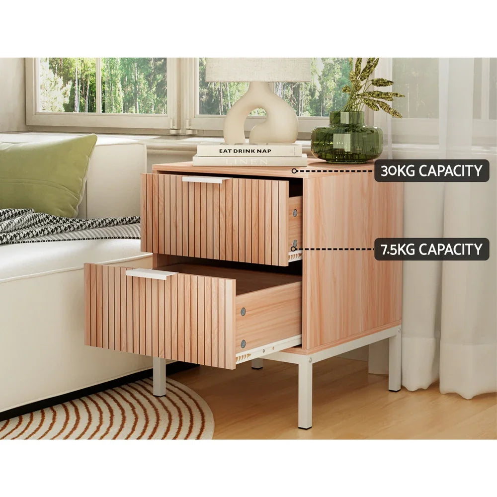 Modern wooden bedside table with drawers, 30kg and 7.5kg capacity, in living room setting