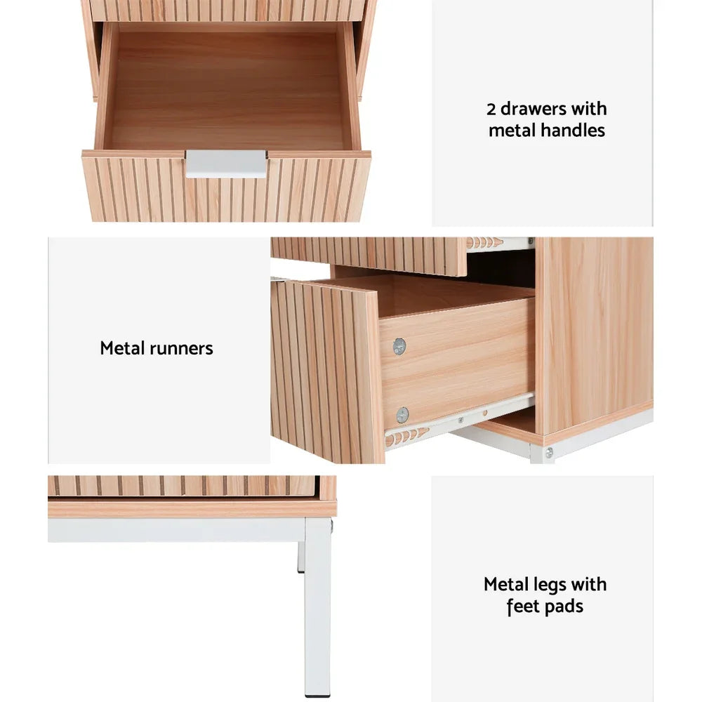 Wooden bedside table with 2 metal handle drawers, metal runners and white metal legs