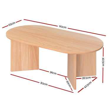Light wood oval coffee table with dimensions in centimeters, modern minimalist design