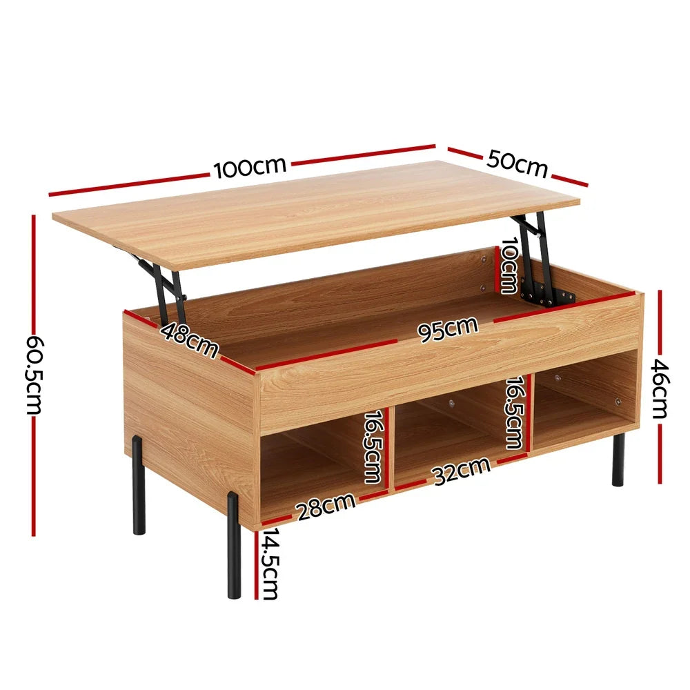 Lift-top wooden coffee table with black metal legs, storage compartments, and labeled dimensions.