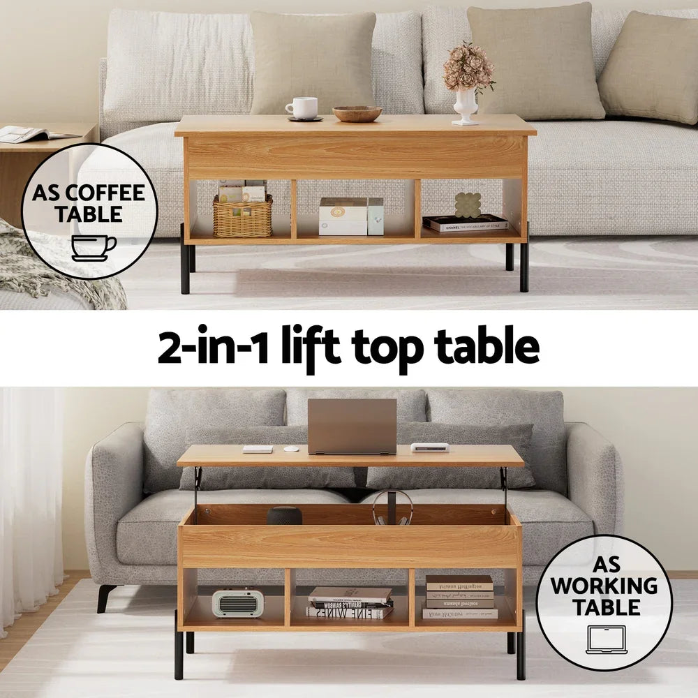 2-in-1 lift top coffee table in living room, shown as coffee table and as working desk