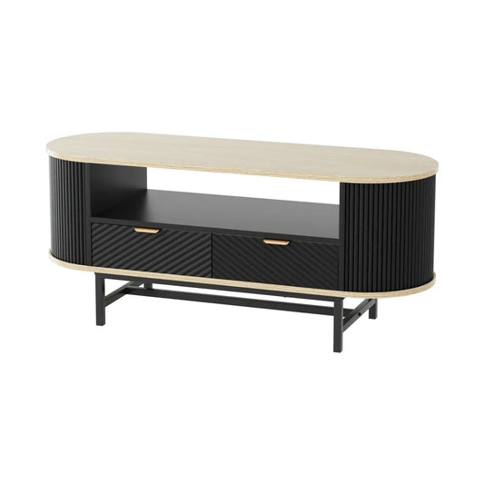 Modern black and wood TV stand with two drawers and open shelf, oval design, metal legs