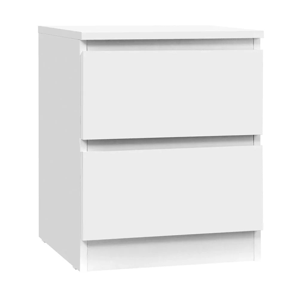 Modern white two-drawer nightstand with minimalist design on white background