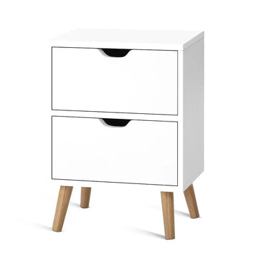 Modern white wooden nightstand with two drawers and angled oak legs