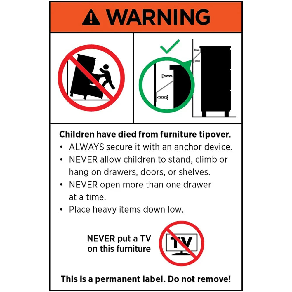 Furniture tip-over warning label with safety icons and child safety instructions.