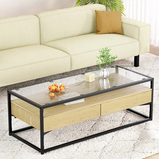 Modern glass top coffee table with wood drawers and black metal frame in living room