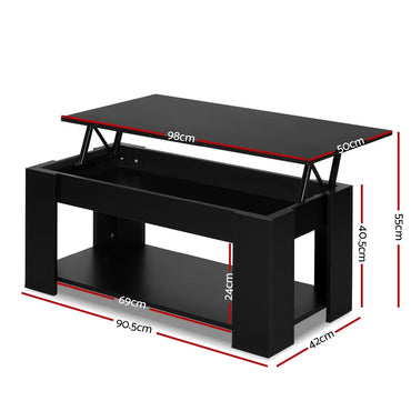 Black lift top coffee table with storage, shelving, and size dimensions in centimeters