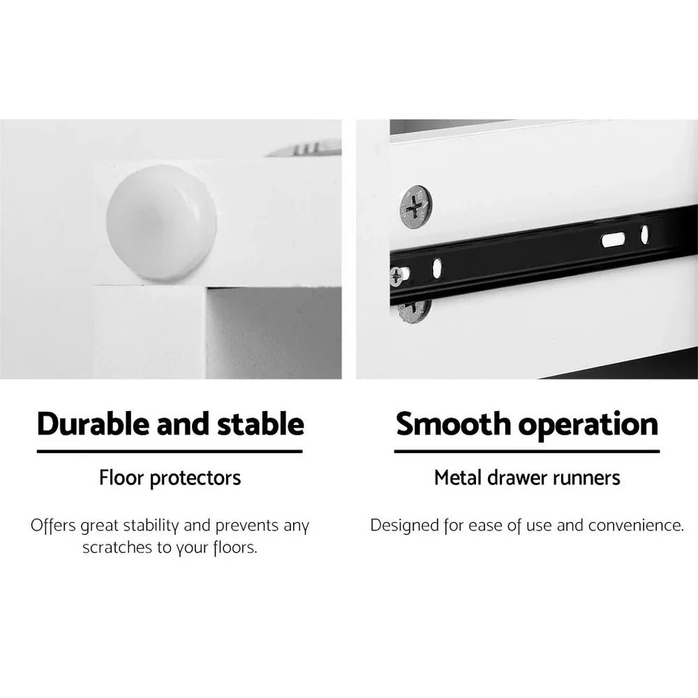 White furniture with round floor protector and metal drawer runner, text highlights durability and smooth operation.
