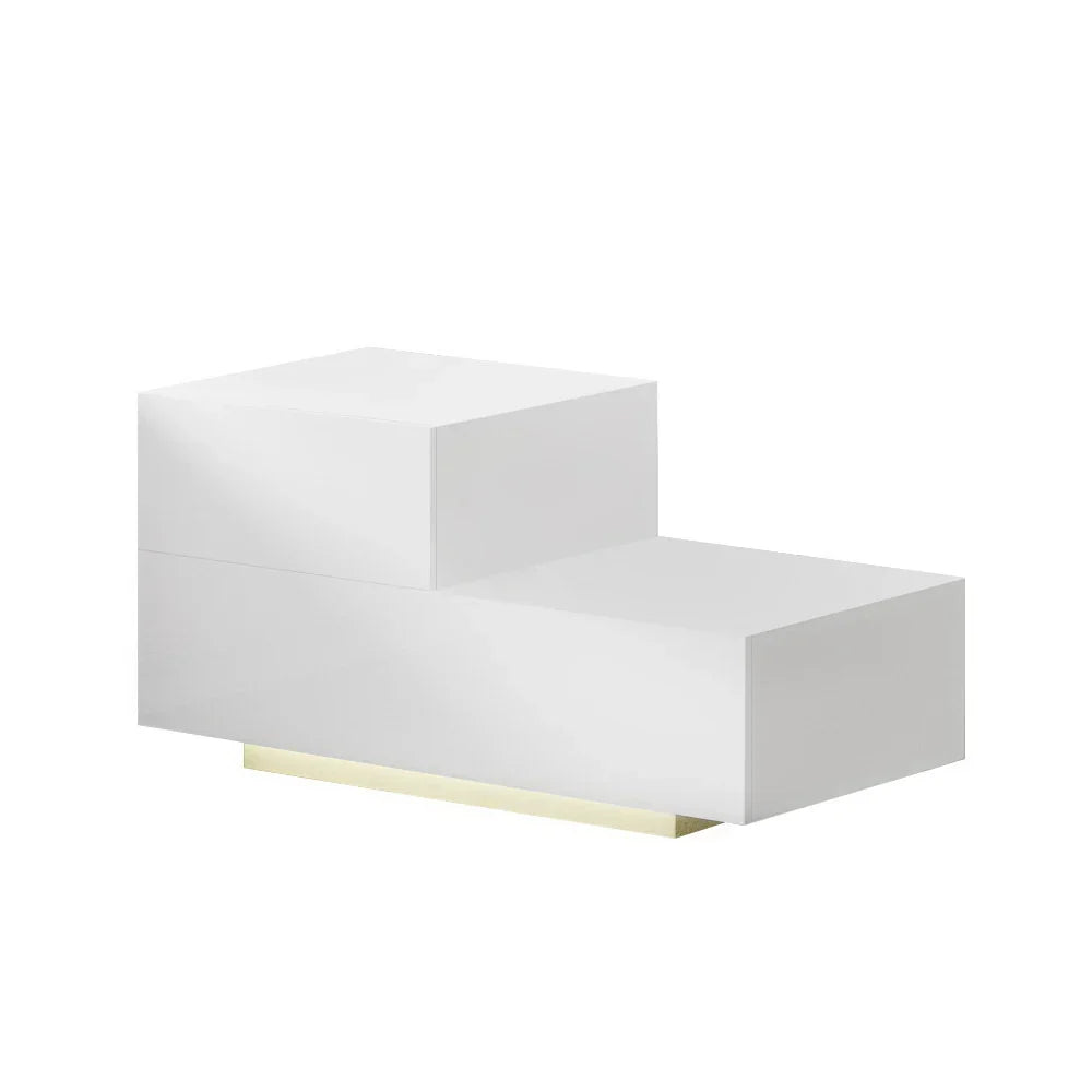 Modern white LED step wall sconce with geometric rectangular design on a white background