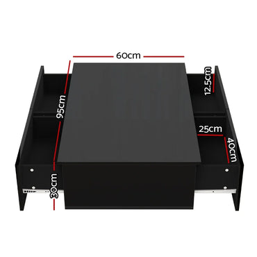 Black coffee table with storage compartments and marked dimensions in centimeters