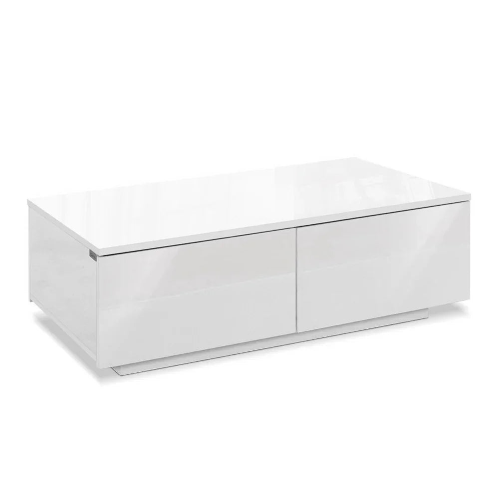 Modern white high gloss coffee table with drawers, minimalist rectangular design