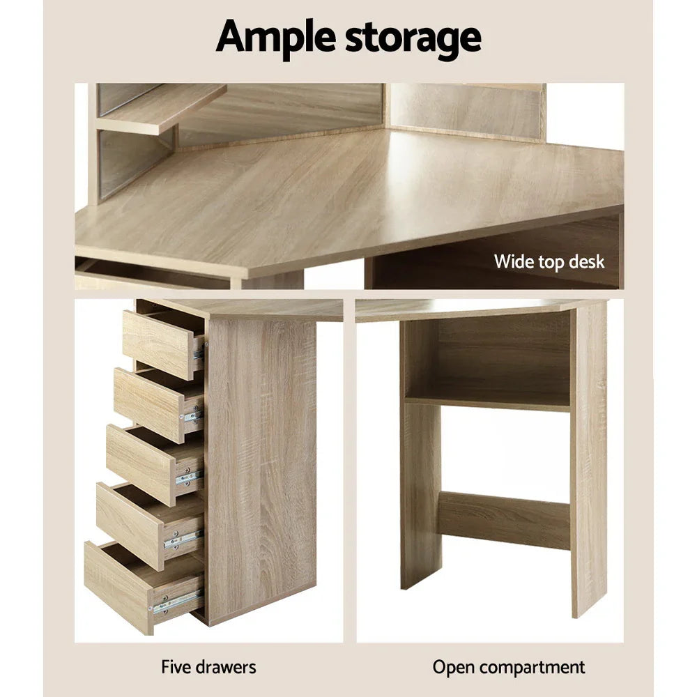 Corner Dressing Table 5 Drawers Oak with Stool - Artiss Vanity Desk