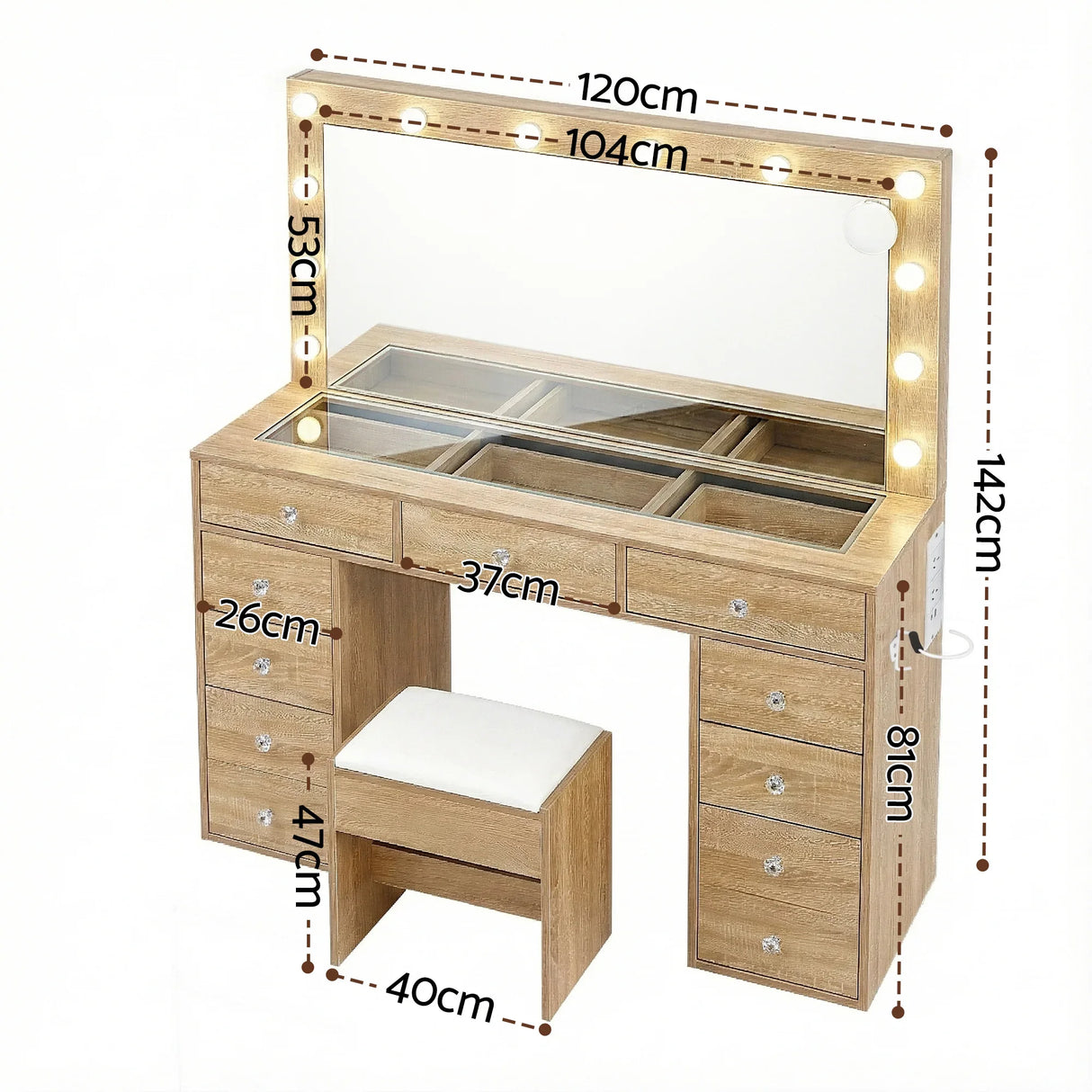 Dressing Table Wood with LED Bulbs & Stool - Artiss Vanity Desk