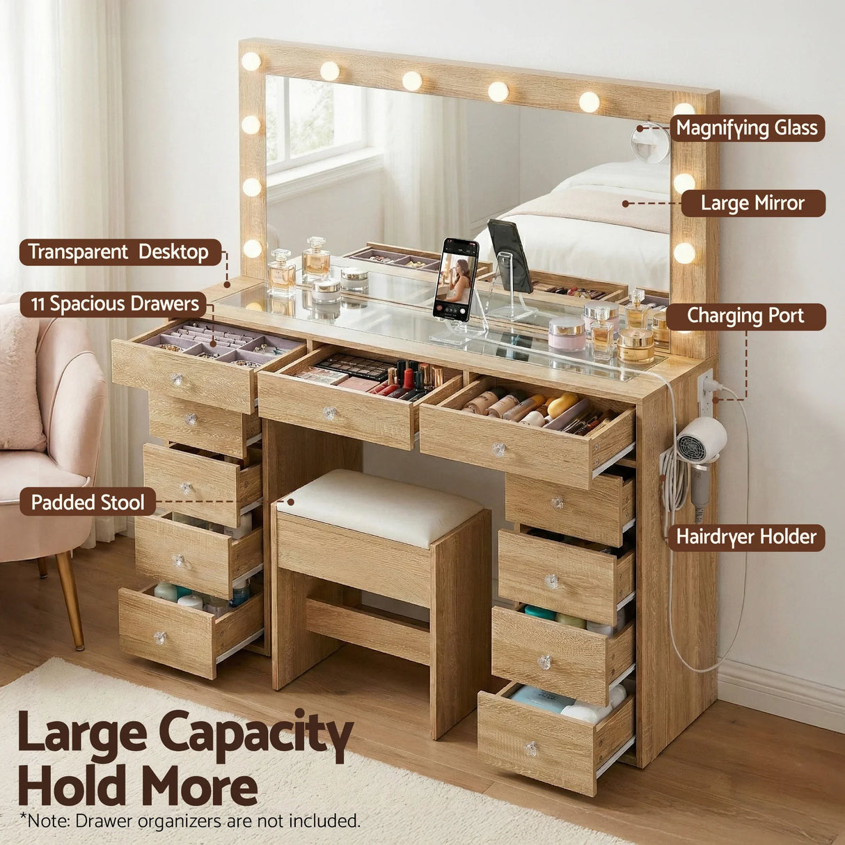 Dressing Table Wood with LED Bulbs & Stool - Artiss Vanity Desk