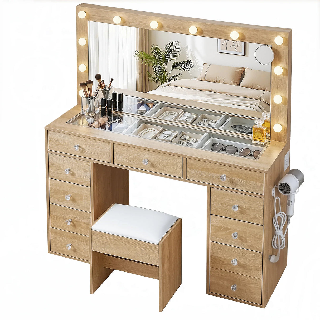 Dressing Table Wood with LED Bulbs & Stool - Artiss Vanity Desk