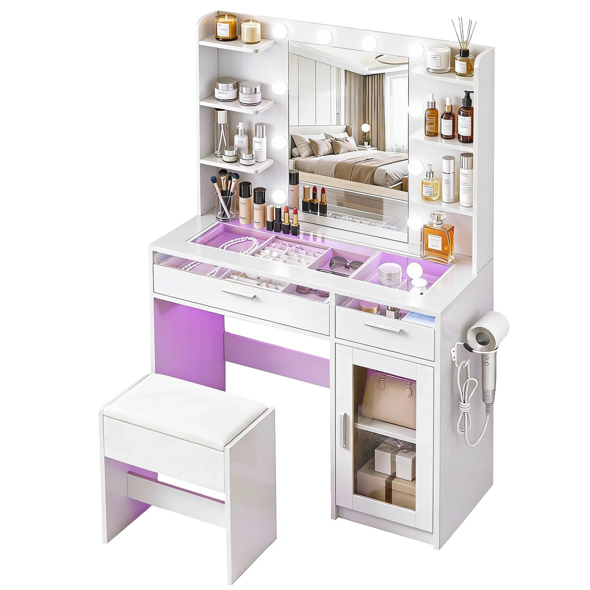 Dressing Table White with 10 RGB LED Bulbs - Artiss Vanity Desk