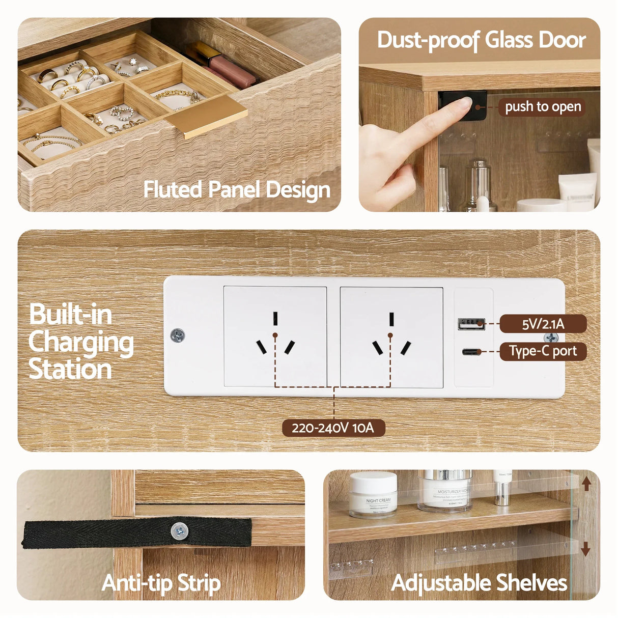 Dressing Table LED Vanity Desk Wood with Charging Station - Artiss