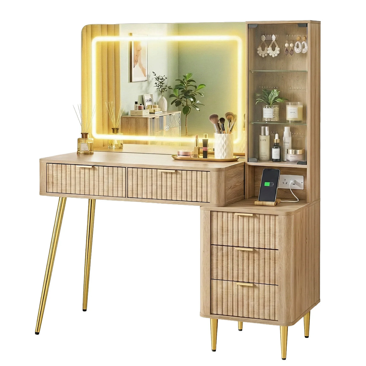 Dressing Table LED Vanity Desk Wood with Charging Station - Artiss