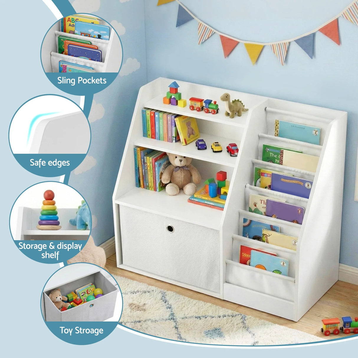 Keezi Kids Bookshelf White - Children's Bookcase Organizer with Storage Drawer
