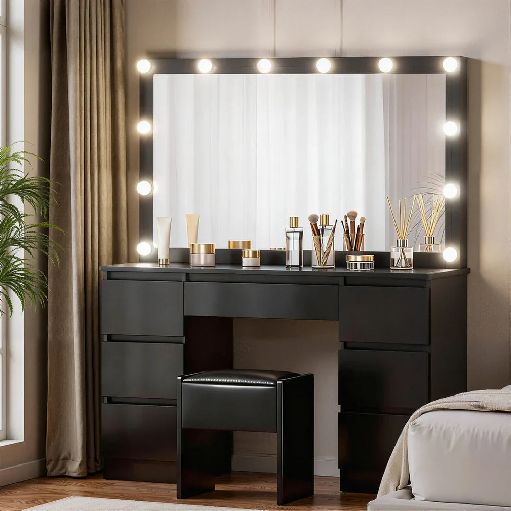Dressing Table Black with 12 LED Bulbs & Stool - Artiss Vanity Desk