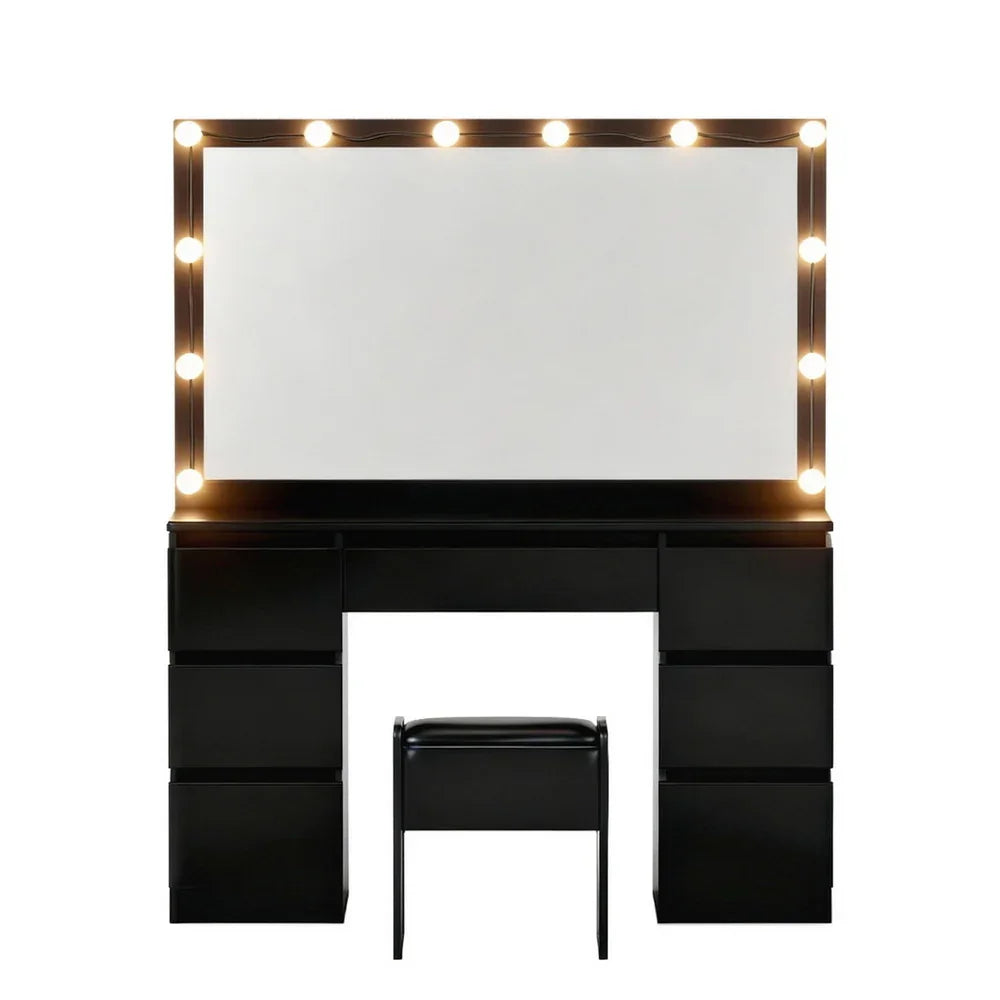 Dressing Table Black with 12 LED Bulbs & Stool - Artiss Vanity Desk