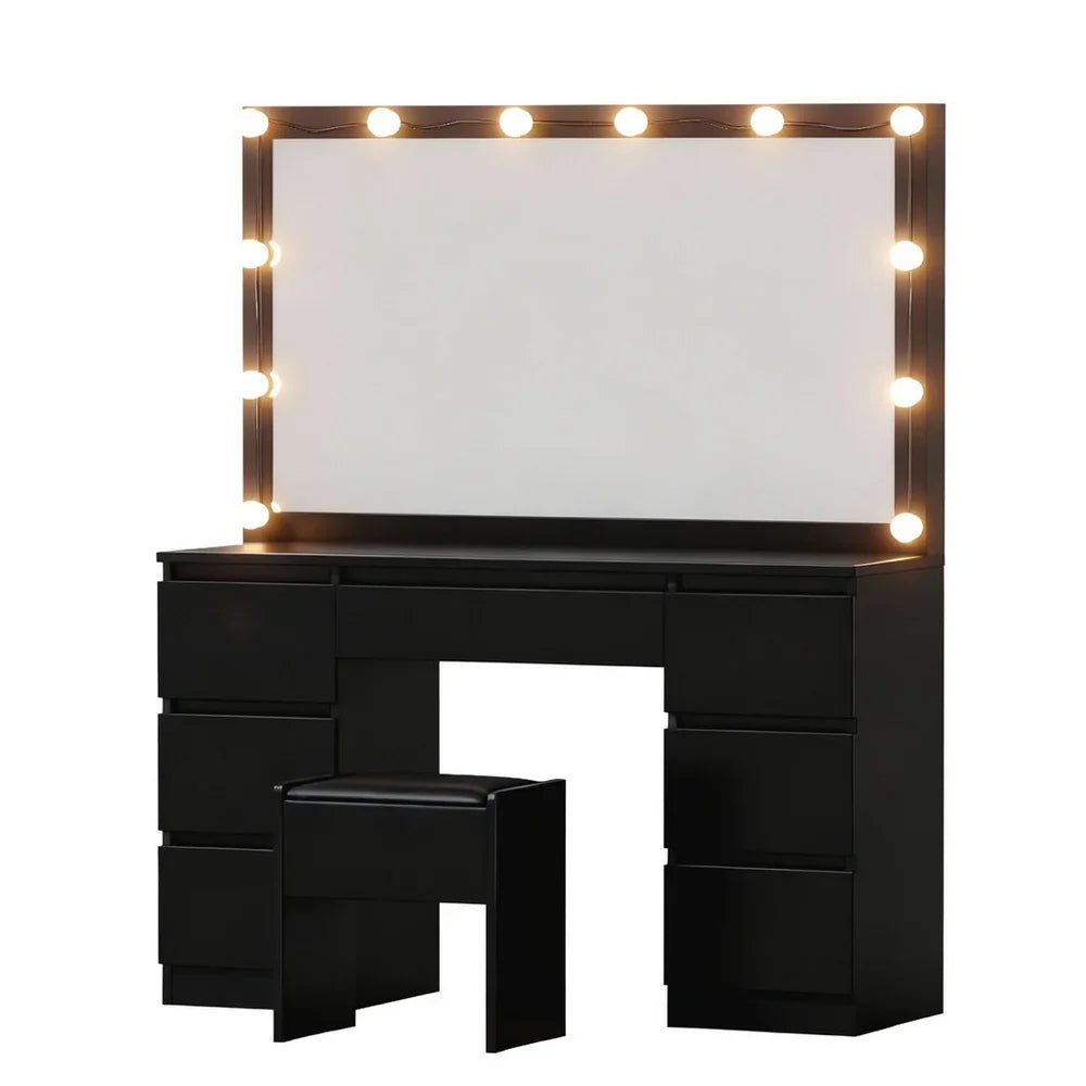 Dressing Table Black with 12 LED Bulbs & Stool - Artiss Vanity Desk