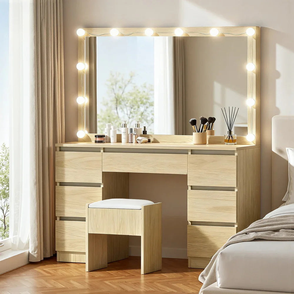 Dressing Table Wood with 12 LED Bulbs & Stool - Artiss Vanity Desk