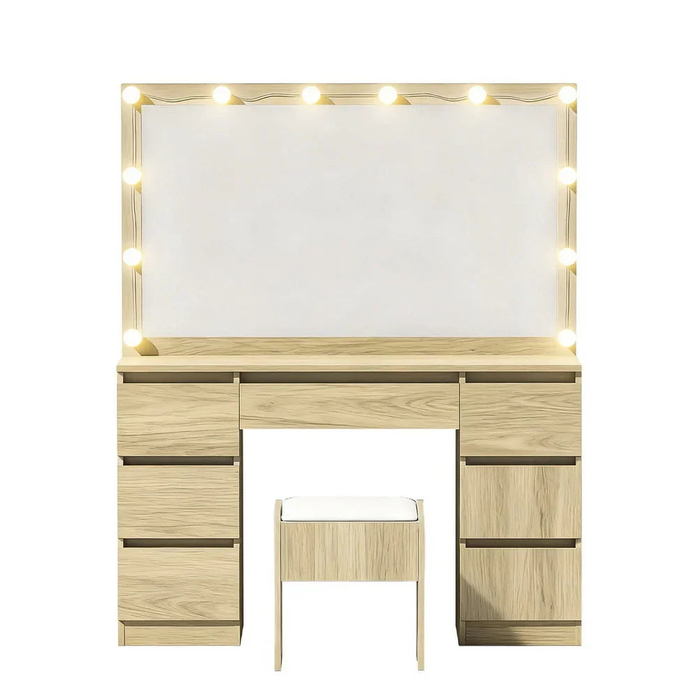 Dressing Table Wood with 12 LED Bulbs & Stool - Artiss Vanity Desk