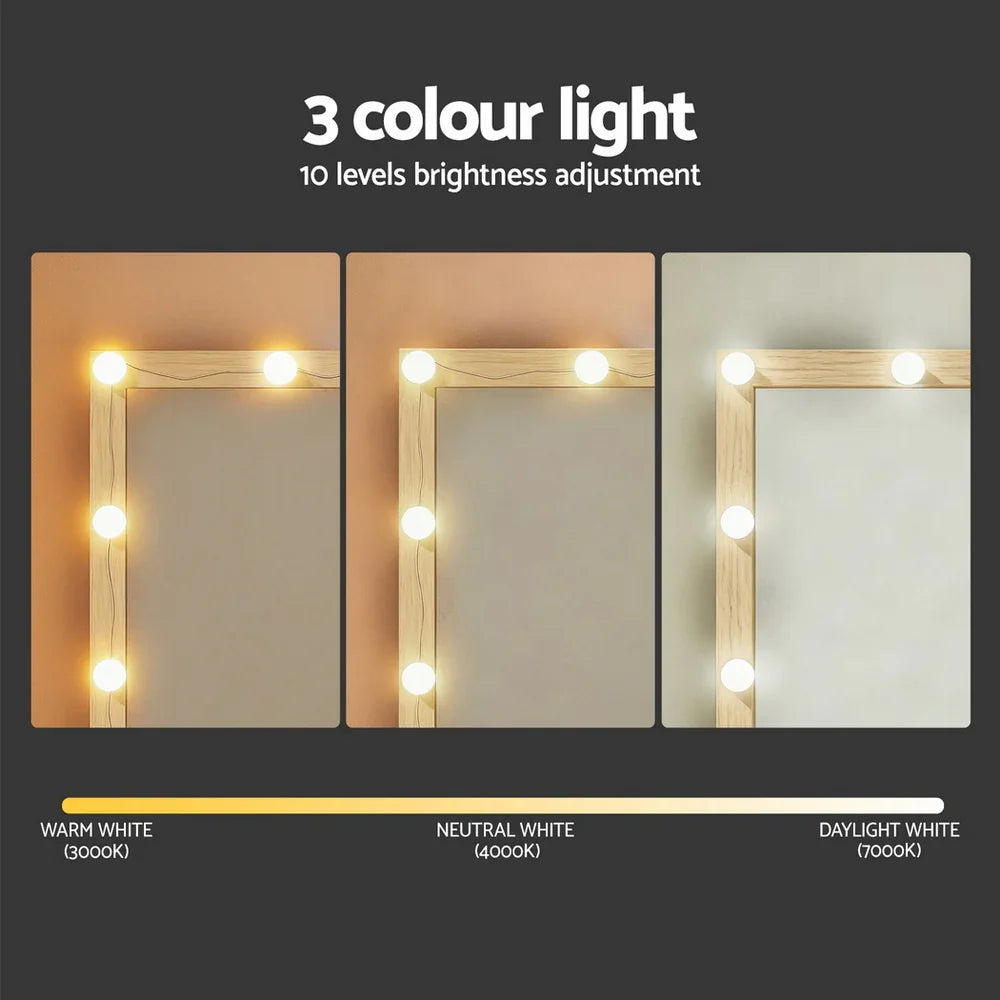 Dressing Table Wood with 12 LED Bulbs & Stool - Artiss Vanity Desk