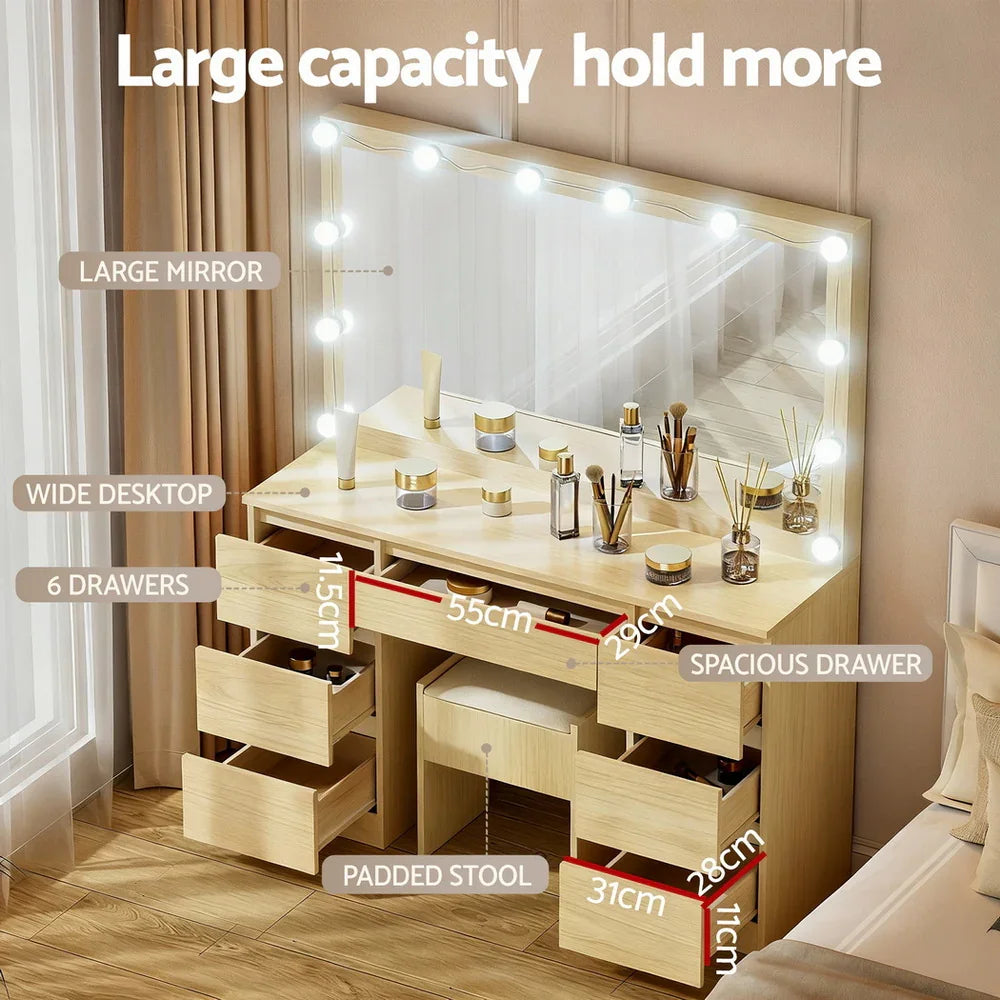 Dressing Table Wood with 12 LED Bulbs & Stool - Artiss Vanity Desk