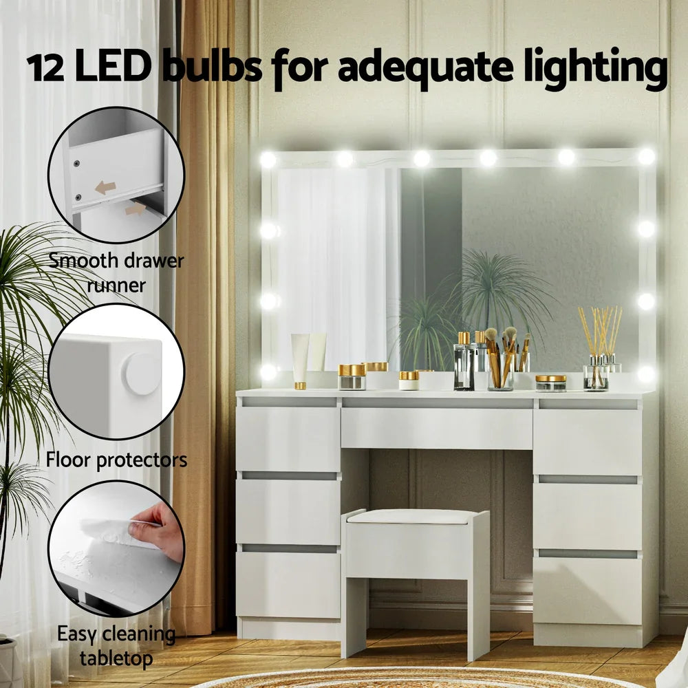 Dressing Table Vanity Desk White with Stool 12 LED Bulbs - Artiss Makeup Mirror