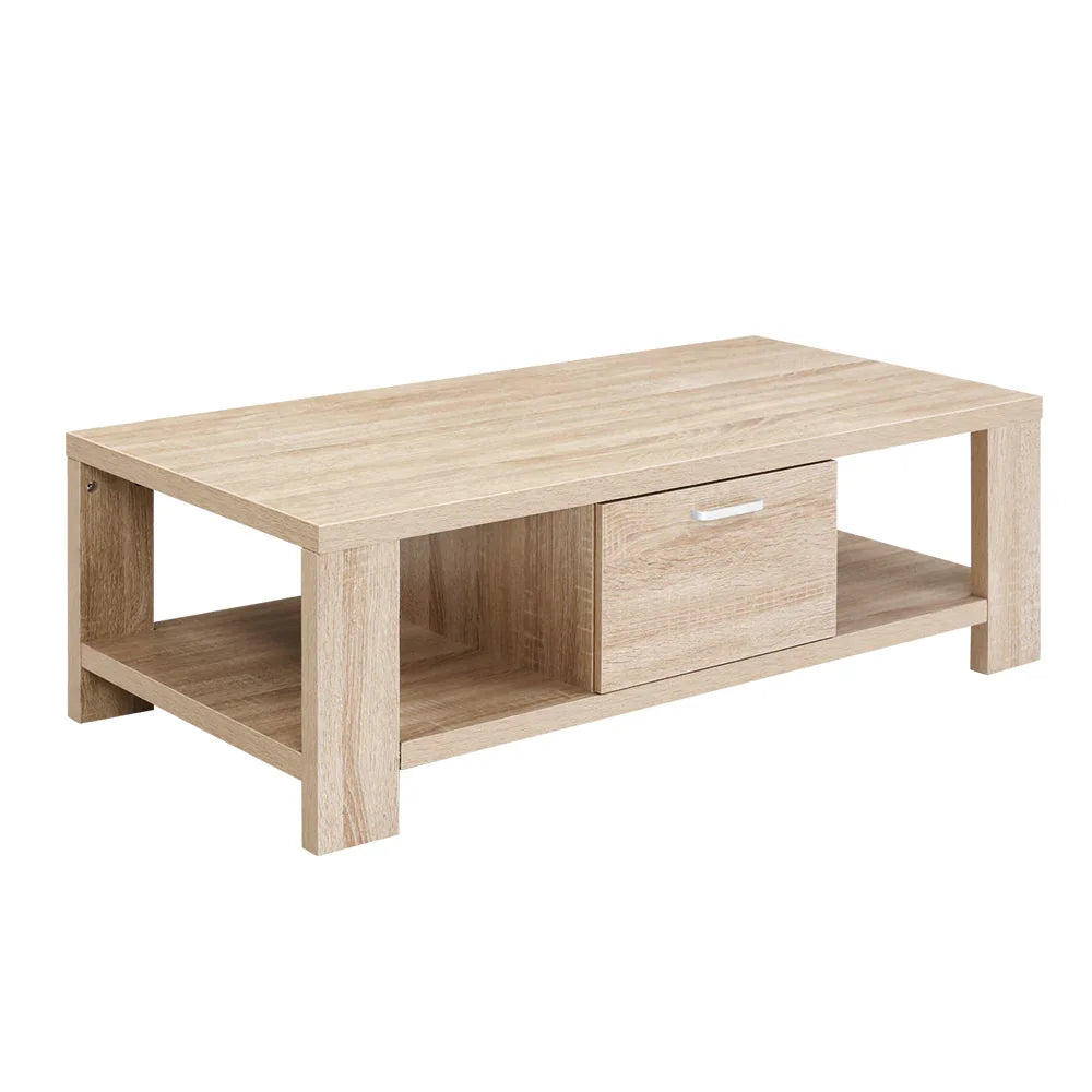 Modern light wood coffee table with storage drawer and open shelves