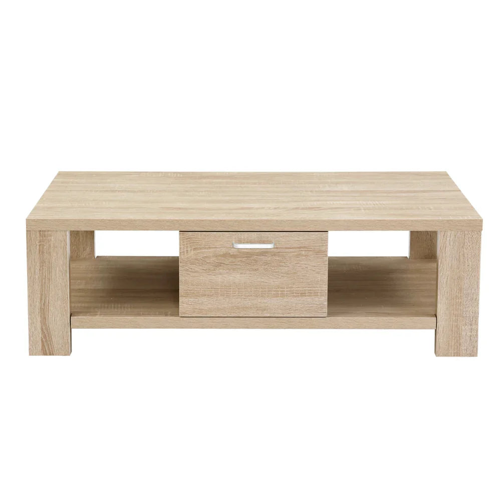 Modern light wood coffee table with drawer and open shelf, minimalist living room furniture