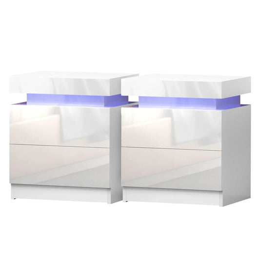 Set of two modern white bedside tables with LED lighting and high gloss finish