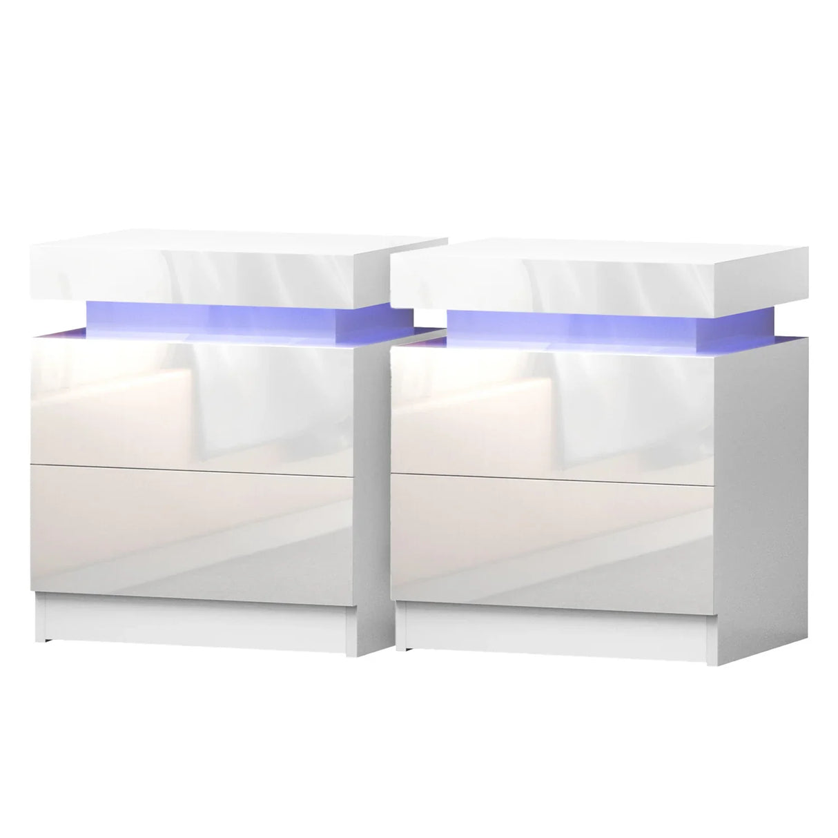 Set of two modern white bedside tables with LED lighting and high gloss finish