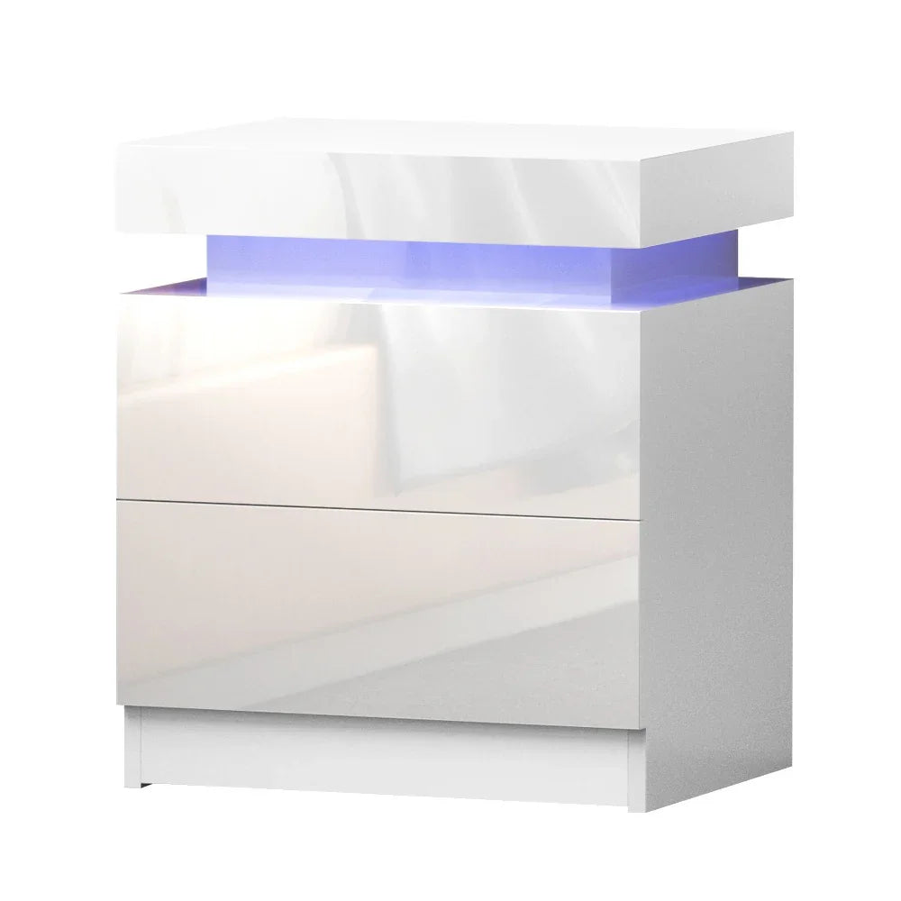 Modern white LED bedside table with glossy finish and purple accent light