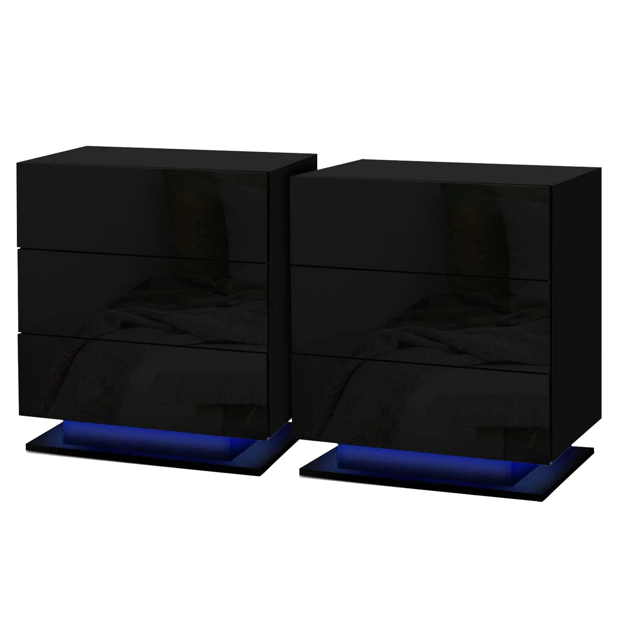 Pair of modern black gloss nightstands with blue LED lighting base