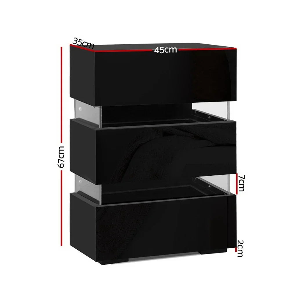 Black modern bedside table with dimensions 67cm x 45cm x 35cm, three drawers.