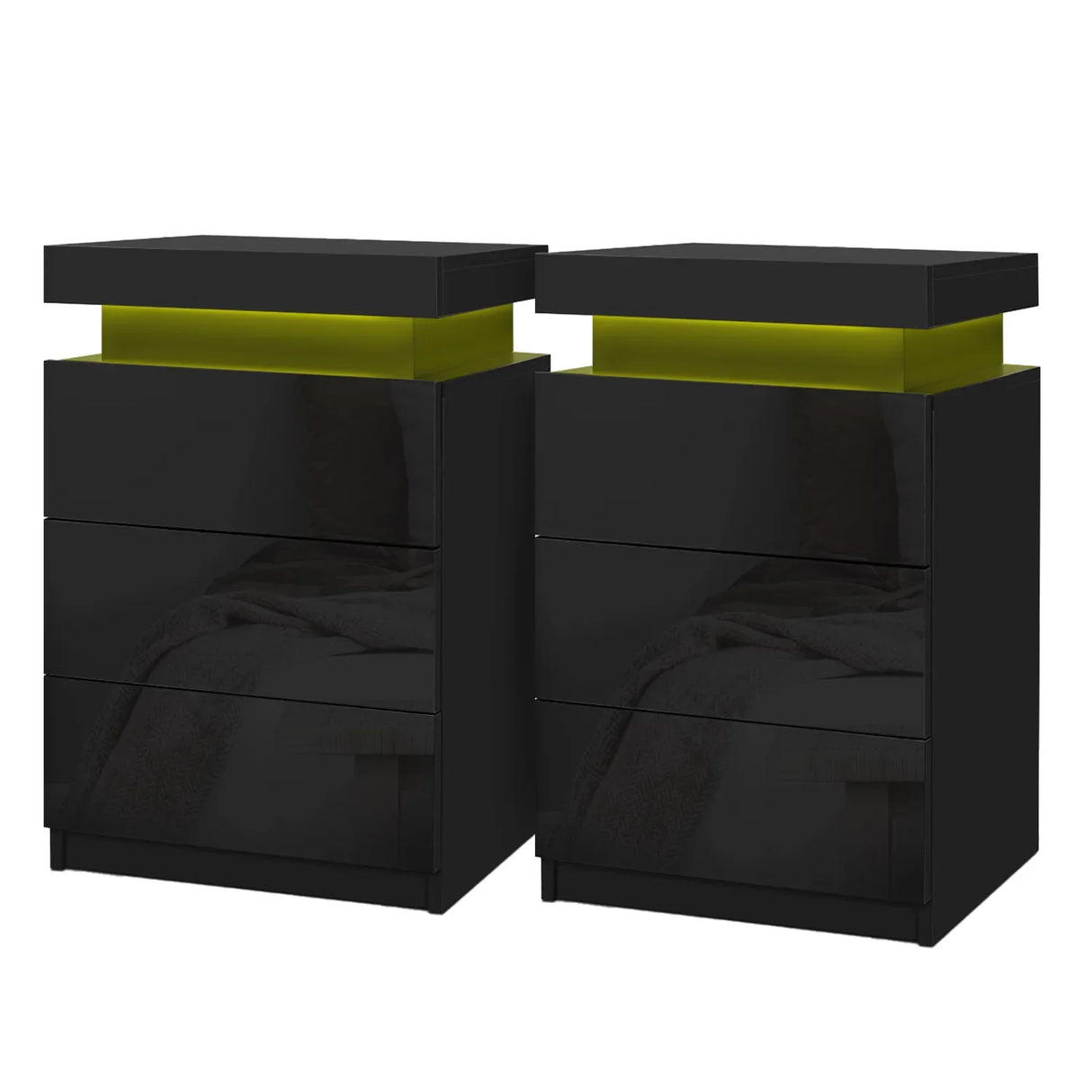 Pair of modern black bedside tables with LED lighting and glossy finish