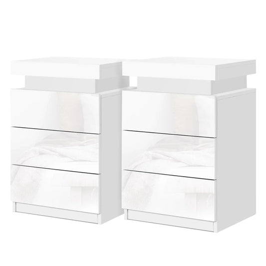Set of two modern white high gloss LED bedside tables with three drawers