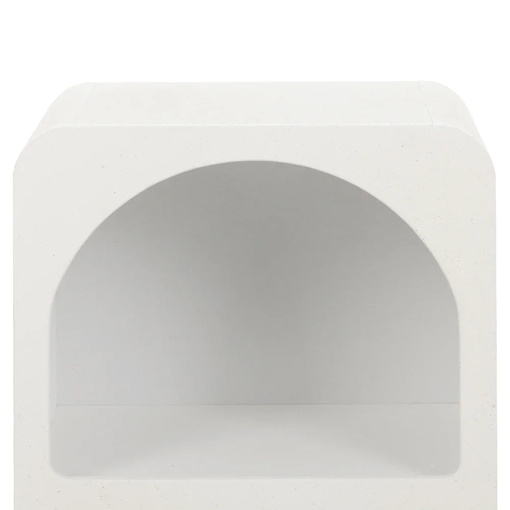 Modern white cube side table with arched open shelf, minimalist furniture design