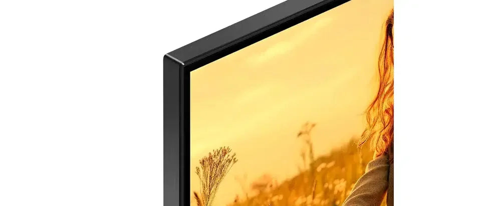 Close-up of slim black TV bezel displaying a vivid outdoor scene, bargain electronics at Flea Market AU