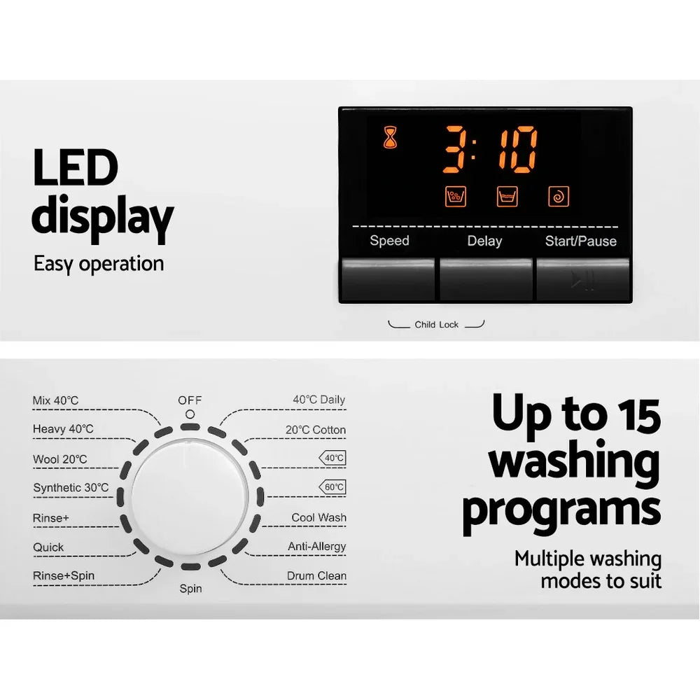 Devanti 8kg Front Load Washing Machine - Quick Wash & Delay Start