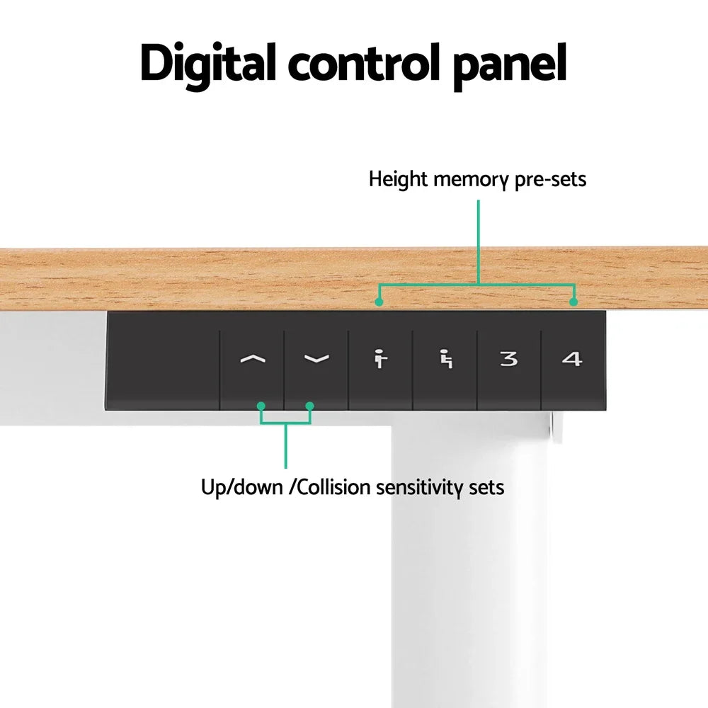 Digital control panel on adjustable desk with height memory presets and up/down collision sensitivity buttons