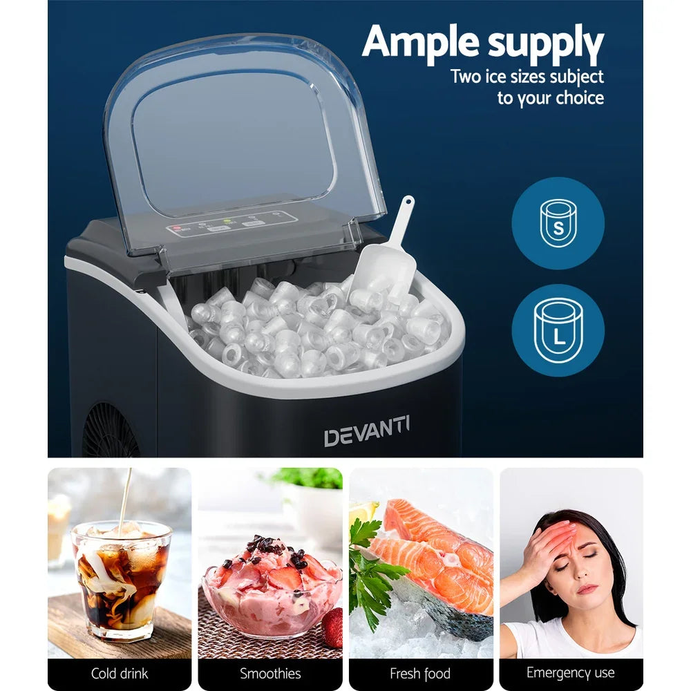 Devanti Portable Ice Maker Machine Ice Cube Tray 12kg Bar Countertop Black - Flea Market