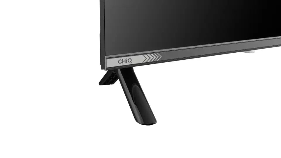 Close-up of CHiQ TV screen and stand, bargain electronics at Flea Market online store