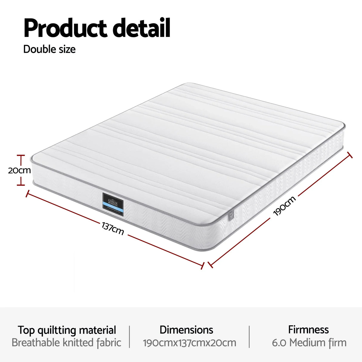 Giselle Double Mattress 20cm with Reinforced Edge Support Egg-Crate Foam