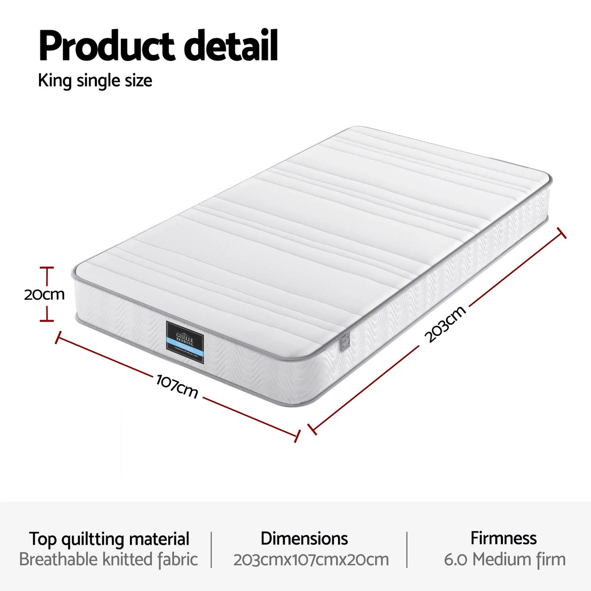Giselle King Single Mattress 20cm with Reinforced Edge Support Egg-Crate Foam