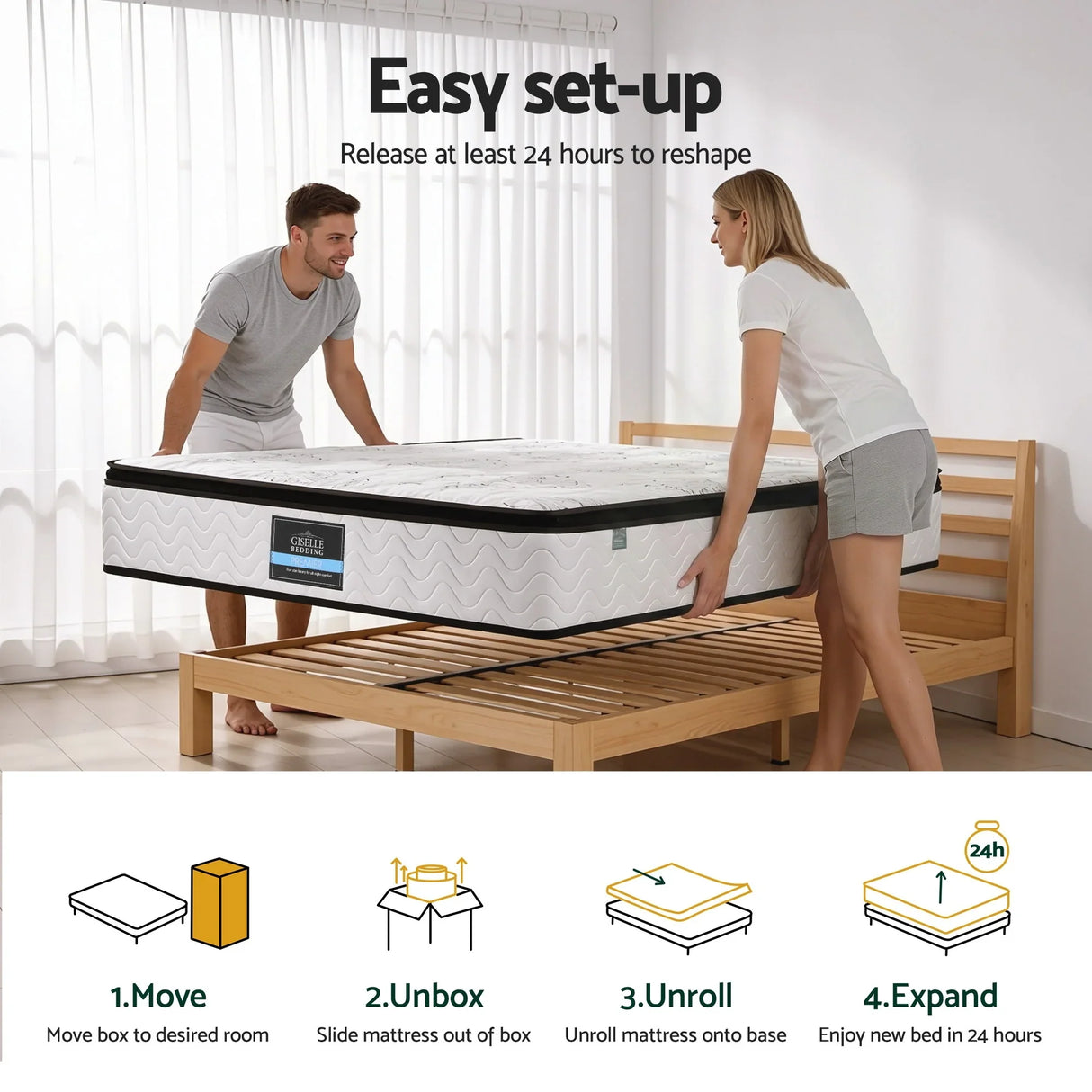 A man and woman set up a mattress on a wooden bed frame, easy mattress setup instructions below.