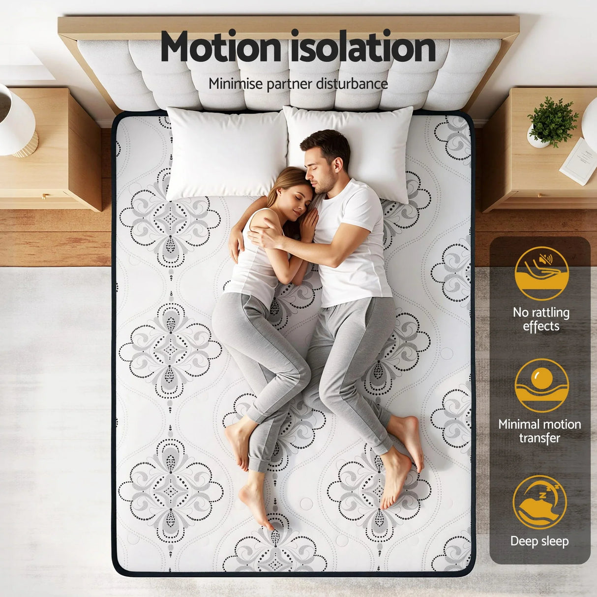Couple sleeping on patterned mattress demonstrating motion isolation, available at Flea Market AU.